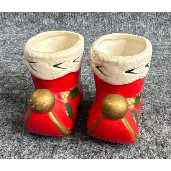 Vtg Ceramic Christmas Boot Figurines With Holly And Gold Ball Japan - Picture 1 of 7
